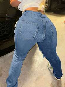 Y2K 90s Street Slant Pocket High Stretchy Distressed Raw Frayed Unique Tassel Design Patchwork Hip Hop Jeans