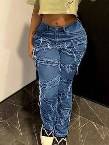 Y2K 90s Street Slant Pocket High Stretchy Distressed Raw Frayed Unique Tassel Design Patchwork Hip Hop Jeans