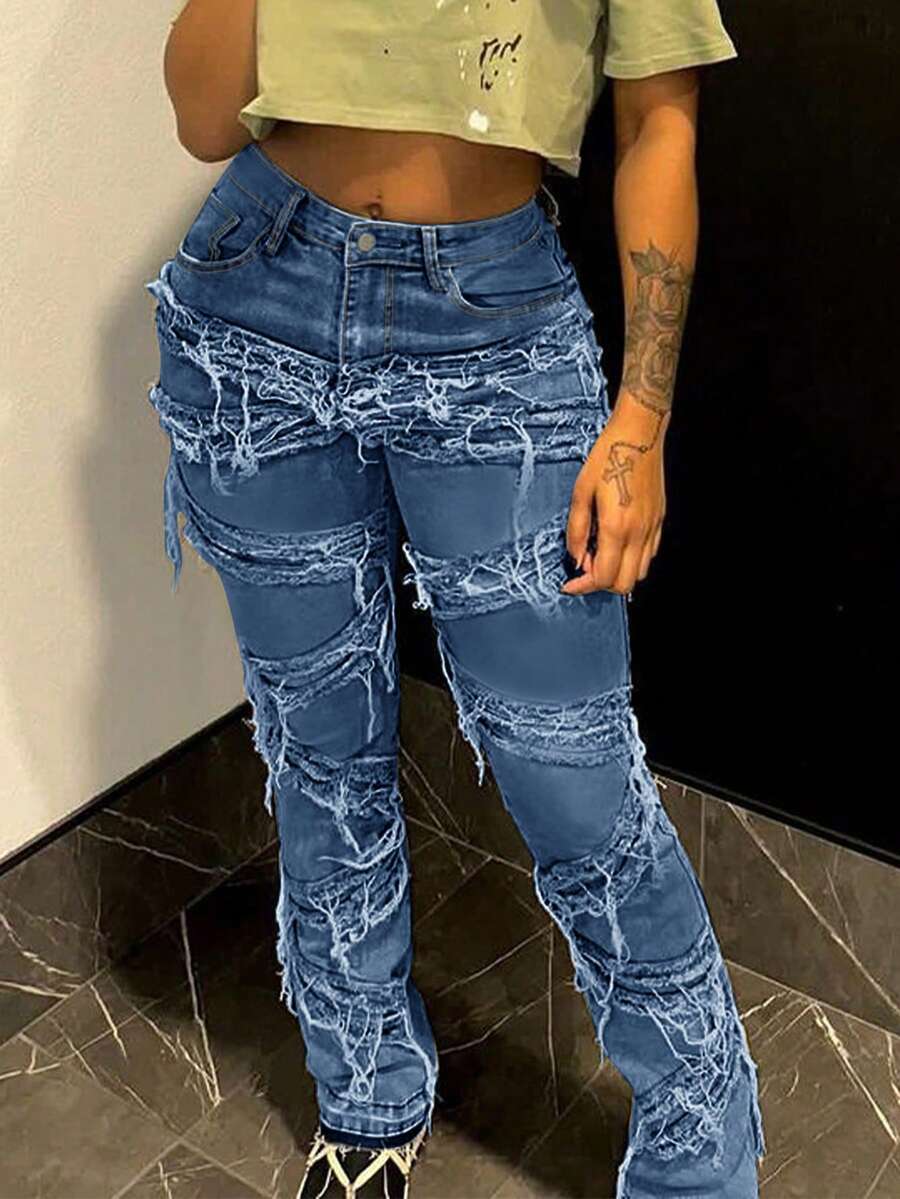 Y2K 90s Street Slant Pocket High Stretchy Distressed Raw Frayed Unique Tassel Design Patchwork Hip Hop Jeans