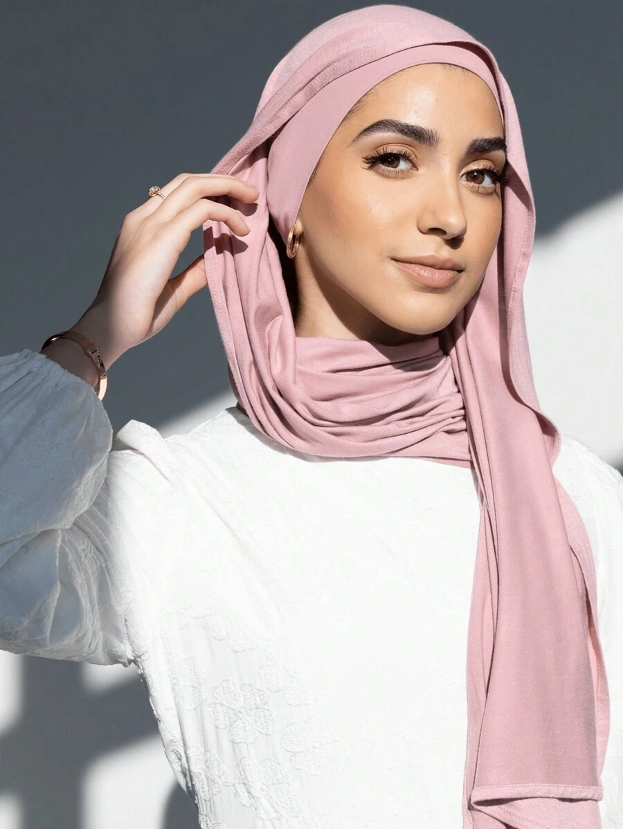 2pcs Jersey Matching Hijab & Undercap Set: 1pc Solid Color Comfortable Breathable Modal Fabric Tube Cap Hijab + 1pc Thin Modal Scarf, Suitable For Daily Modest Coverage - Pink - View 1