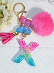 1 pièce Porte-clés en résine à lettres bicolores, pendentif de sac mode avec pompon à gland papillon, cadeau pour amis et école