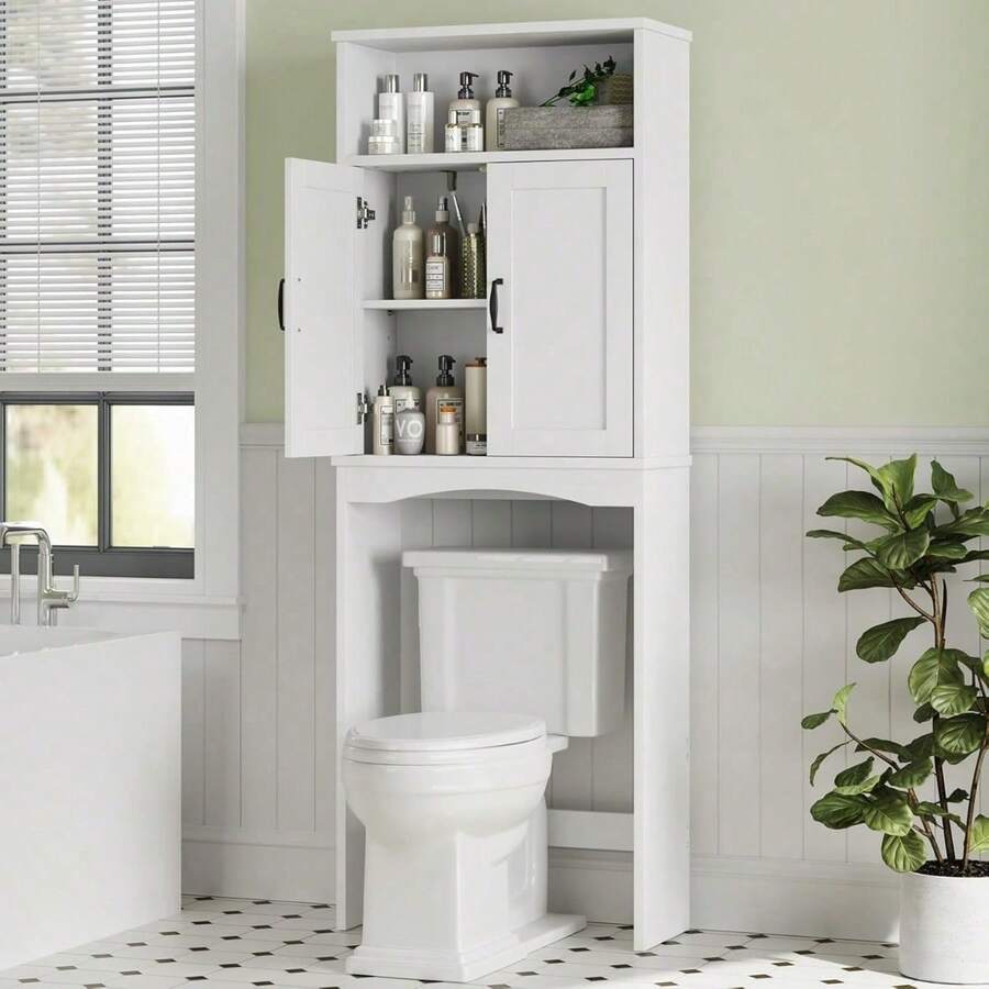 Over The Toilet Storage, Over The Toilet Storage Cabinet With Adjustable Shelf And Double Doors, Over The Toilet Cabinet For Bathroom Storage Over Toilet Bathroom Organizer (White)