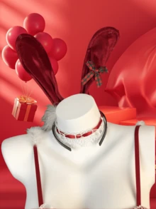 Conjunto de 4 piezas de lencería sexy de conejita para Navidad: body, sudadera, diadema de conejita, bufanda de encaje, uniforme de terciopelo con plumas halter, lencería desmontable con bola de pelo (talla única) - Ver 6