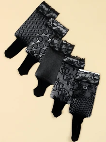 5 Đôi Tất Ngắn Ren Size Lớn Cho Nữ, Tất Lưới Mắt Cá Chân Mùa Hè Có Họa Tiết Hoa, Tất Trong Suốt Mỏng - màu đen - Xem 3