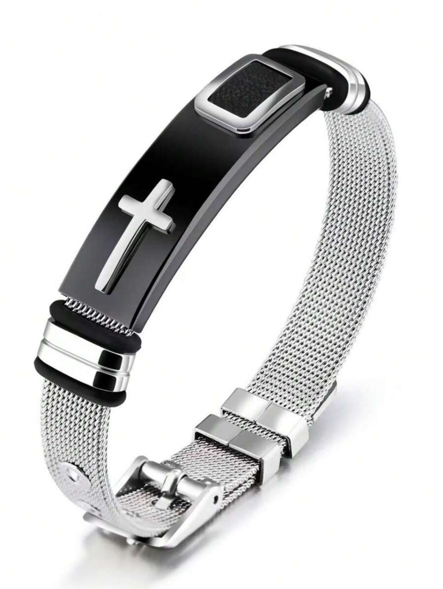 1 Peça Pulseira de Aço Inoxidável Banhada a Ouro 18K com Estampa de Cruz na Moda, Ajustável, Ideia de Presente