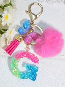 1 pièce Porte-clés en résine à lettres bicolores, pendentif de sac mode avec pompon à gland papillon, cadeau pour amis et école