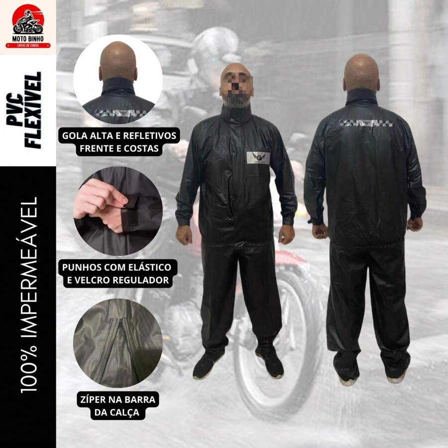 Motorcycle Raincoat Kit High Collar Waterproof Reinforced Motoboy Clothing Set - 黑色 - 查看 1