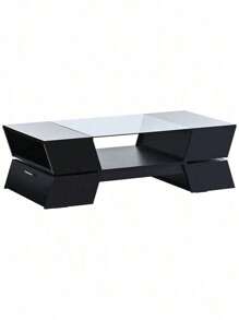 6Mm Glass-Top Coffee Table,Modernist 2-Tier Center Table For Living Room, With Open Shelves And Cabinets,With Ample Storage SpaceGeometric Style,Good Waterproof Performance,Black.,Victory Store
