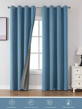 1pc Or 2pcs Optional 100% Blackout Curtains, Textured Faux Linen Curtains, Living Room Curtains, Bedroom Blackout Curtains, Thermal Insulated Curtains, Water-Resistant Curtains, Home Theater Dining Background Curtains, With Top Grommet, 84 Inches, 72 Inches, 63 Inches Length, 2 Panel Set Available