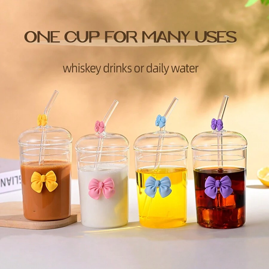 1 chiếc cốc thủy tinh trang trí hình con bướm dung tích 500ml mới có nắp, bình đựng nước/cốc đựng nước trái cây trong suốt có ống hút - 500ml - Xem 1