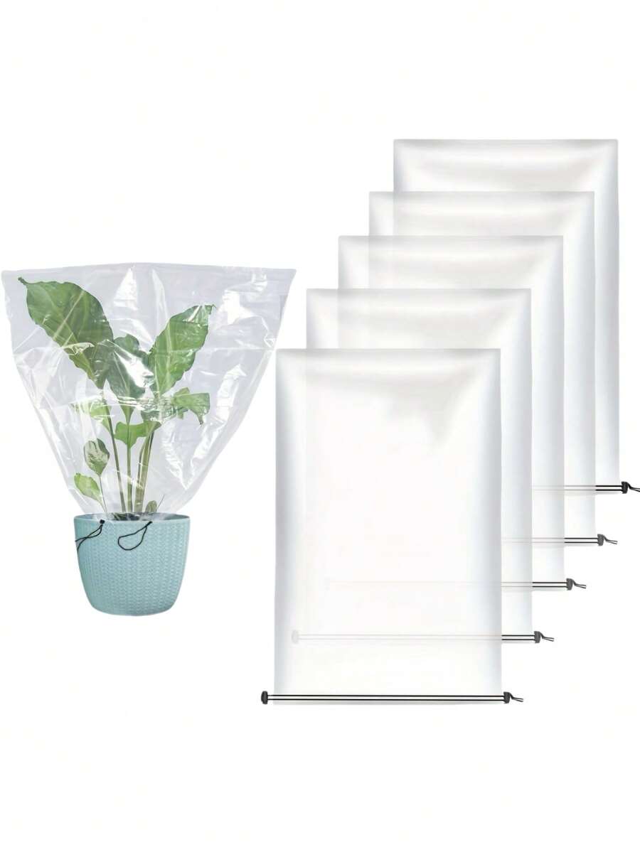 5 件/2 件冬季植物防霜保护 - 23.6 英寸 X 31.5 英寸塑料植物防冻袋，带拉绳，透明防水植物屏蔽罩，适用于户外花园盆栽植物 - 透明 - 查看 1