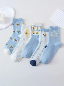 5 双女士袜子四季多色袜子多风格卡通动物熊兔子花朵可爱时尚甜美休闲袜，柔软舒适，适合居家、聚会和外出活动 - 彩色 - 查看 3