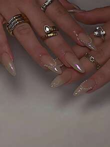 Bộ 24 móng tay giả hình quả hạnh nhân, trang trí ngọc trai và đá quý tối giản, làm móng kiểu Pháp, bộ móng tay cao cấp cho tiệc tùng và hàng ngày dành cho phụ nữ - Nhiều màu - Xem 1