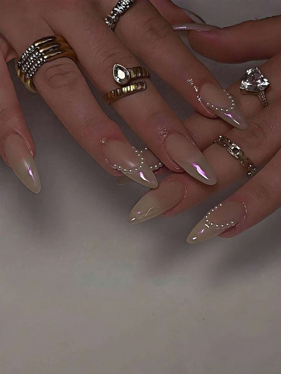 Bộ 24 móng tay giả hình quả hạnh nhân, trang trí ngọc trai và đá quý tối giản, làm móng kiểu Pháp, bộ móng tay cao cấp cho tiệc tùng và hàng ngày dành cho phụ nữ - Nhiều màu - Xem 1