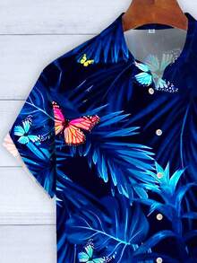 大码男式夏威夷花卉和蝴蝶印花纽扣前口袋短袖衬衫 - 藍色 - 查看 5