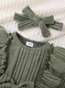 2pcs/Set Baby Girl Soft & Breathable Solid Color One-Piece Romper With Front Bow & Ruffle Details, Headband, Adorable