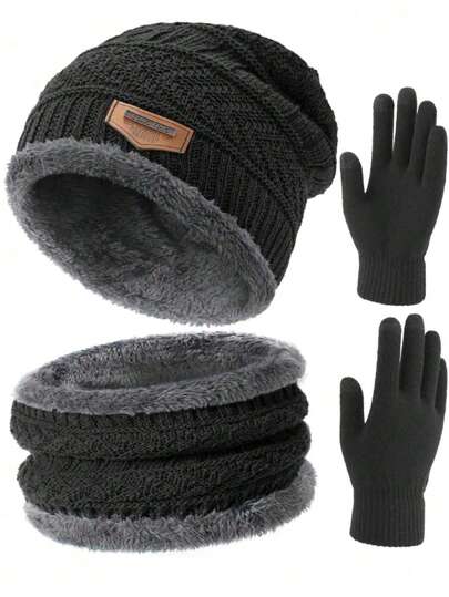 Gorro de punto de invierno, bufanda calentadora de cuello y guantes con pantalla táctil forrados térmicamente, conjunto de ropa de otoño para hombres para exteriores