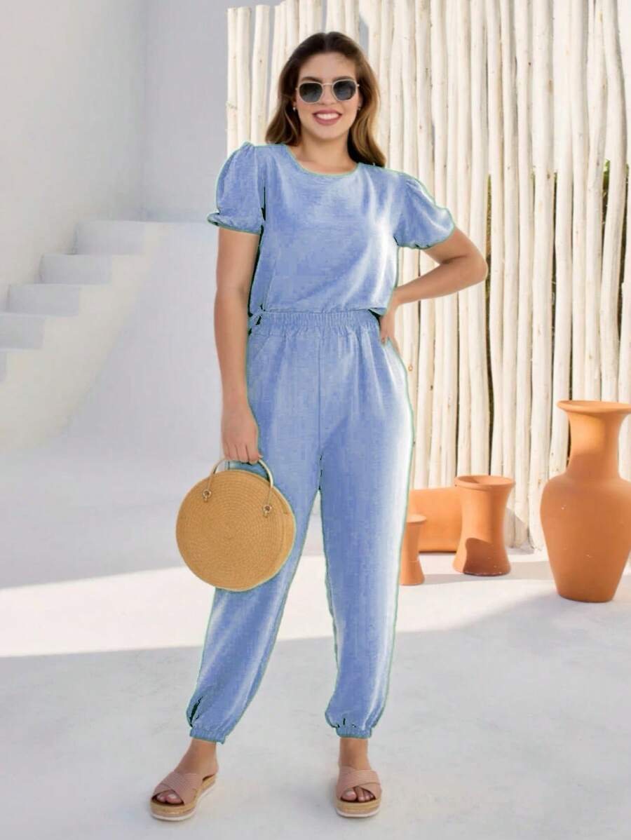 Women's Blouse And Pants Set - Baby Blue - View 1