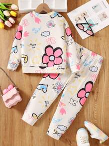 2 件女童休闲运动服，花朵、心形、蝴蝶和五角星全印花长袖上衣 + 裤子套装，适合春秋季 - 杏色 - 查看 2