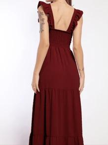 Women's Luxury Long Dress With Belt At The Waist And Ruffle On The Sleeve - 酒紅色 - 查看 3