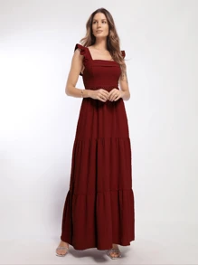 Women's Luxury Long Dress With Belt At The Waist And Ruffle On The Sleeve - 酒紅色 - 查看 4