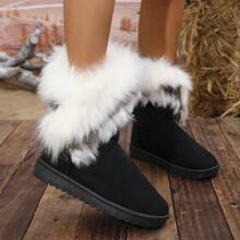 Women's Fashion Comfortable Fluffy Trim Ankle Fuzzy Boots, Warm, Lightweight, Slip-On For Snow Weather,Snow Boots - Black White Hair - View 2