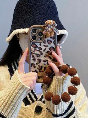 动物新款创意个性时尚豹纹熊带挂绳手机壳，适用于 Apple 11/12/13/14/15/16 Pro Max，防震保护套
