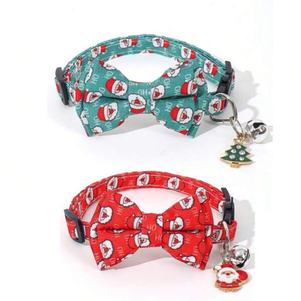 1 pieza Collar ajustable para mascotas con lazo de Navidad/decoración de campana de Papá Noel para mascotas