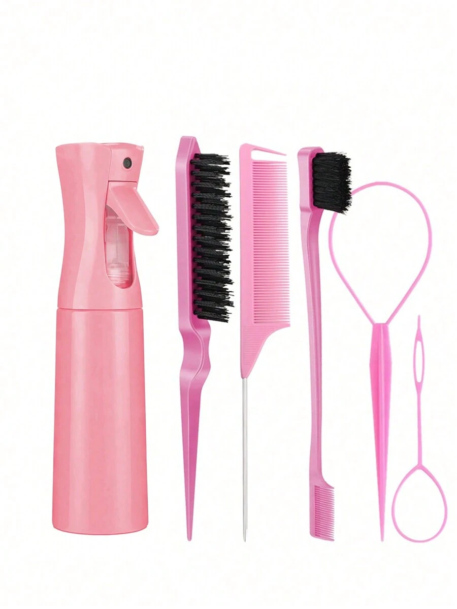 6件套粉色美发造型梳套装，男女通用卷发梳，包含200毫升喷雾瓶、1把直发梳、1把蓬松梳、1把尖尾梳和2个编发工具，适用于化妆、夏季Y2K风格美发造型。 - 彩色 - 查看 1