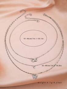 2 件蝴蝶和心形多层项链，多层锁骨链，欧美风格情人节 - 銀色 - 查看 5