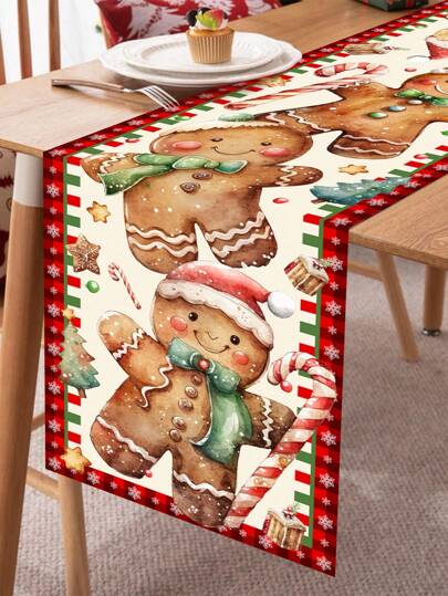 Caminho de mesa com tema de Natal, boneco fofo de gengibre, adequado para decoração de centro de mesa de festa de reunião familiar de Natal