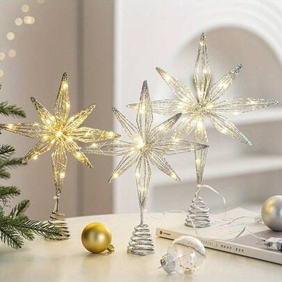 Christmas Tree Toppers, Glitter Gold Star Tree Topper Lighted With Warm White LED Lights For Xmas Tree Decorations, Holiday Party Indoor Decor
