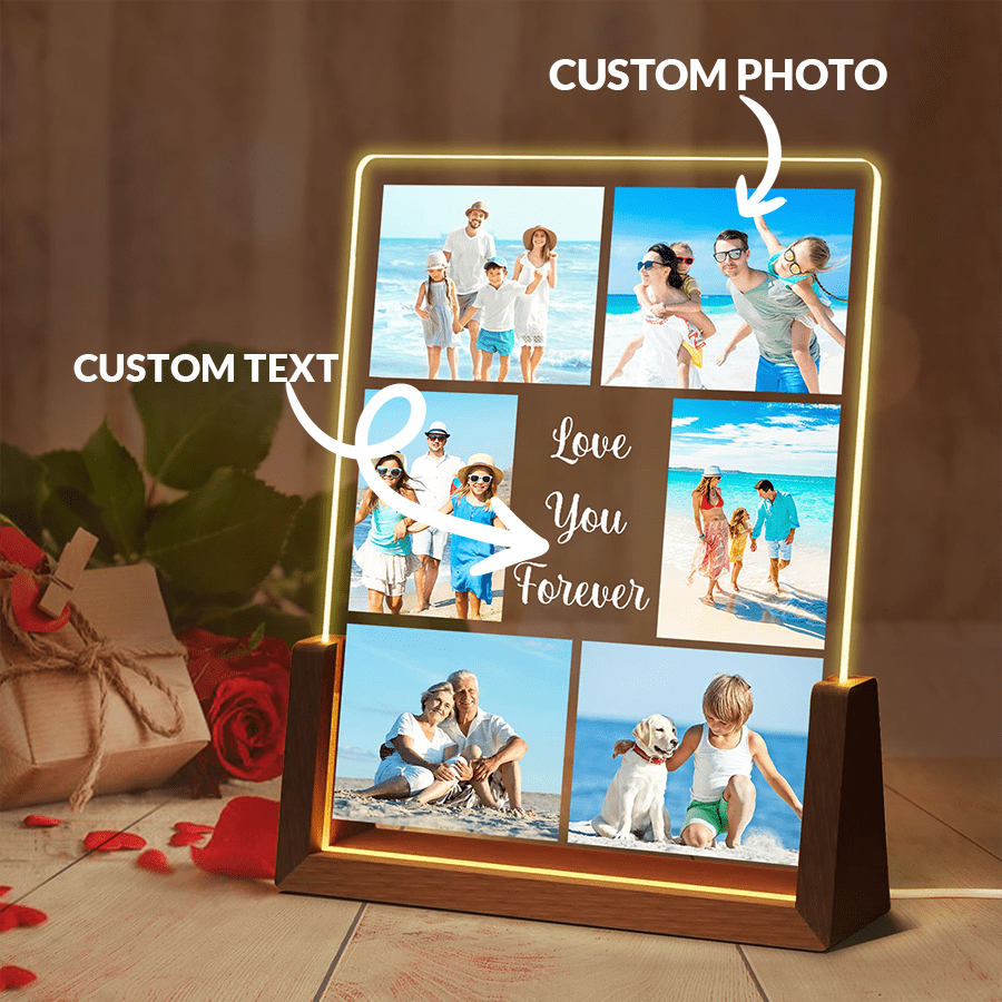 Custom U-Shaped Walnut Photo Frame With LED Wooden Base, Minimalist Acrylic Plate UV Printing, Gift For Family, Cozy Atmosphere, Dining Table Decor, Bedroom Night Light, Holiday Decor, Party Atmosphere Light, Small Desk Lamp, Room, Kitchen Gifts Birthday Graduation