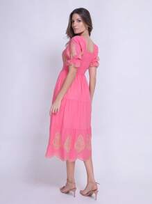 Luxury Lese Embroidered Short Sleeve Midi Dress - 粉色 - 查看 2