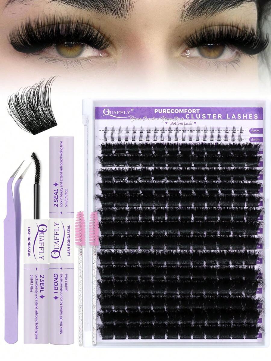 208PCS D Curl Lash Clusters 200D DIY Eyelash Extension Kit 200D & Bottom Lashes With Bond And Seal Tweezers Brush Cluster Eyelash Extensions Fluffy Soft Individual Lashes, Suitable For Beginners, 10-18 MM - 黑色 - 查看 1