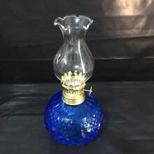 1 Ornament Vintage Glass Oil Lamp Blue Exquisite Engraved Fuel-Burning Lamp Blue Decoration (Excluding Fuel) Best Gifts Decoration, Home Decor, Room Decor
