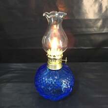 1 Ornament Vintage Glass Oil Lamp Blue Exquisite Engraved Fuel-Burning Lamp Blue Decoration (Excluding Fuel) Best Gifts Decoration, Home Decor, Room Decor