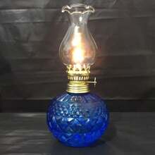 1 Ornament Vintage Glass Oil Lamp Blue Exquisite Engraved Fuel-Burning Lamp Blue Decoration (Excluding Fuel) Best Gifts Decoration, Home Decor, Room Decor