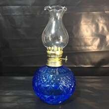 1 Ornament Vintage Glass Oil Lamp Blue Exquisite Engraved Fuel-Burning Lamp Blue Decoration (Excluding Fuel) Best Gifts Decoration, Home Decor, Room Decor