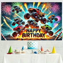 Versatile Monster Truck Birthday Banner - Perfect For Man Parties, Youngsters Showers & Tailgating Events - Durable Polyester, Indoor/Outdoor Use, No Power Needed - 1pc - View 5