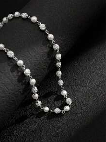 1pc Fashion Punk Style Simple Waterdrop Crystal & Faux Pearl Men Necklace, Daily Wear, Gift For Friends/Holidays - Christmas, New Year, Valentine's Day - White - View 3