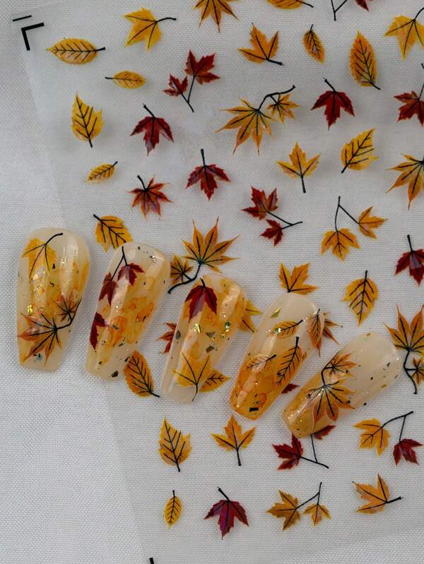 1 Herbst-/Wintersaison, Laser- und Muschellichtnagel-Kunstaufkleber mit gelben und roten Designs und warmen Ahornblatt-Farben, geeignet für Nagellackliebhaber zum Sammeln und Frauen und Mädchen für DIY-Anwendung