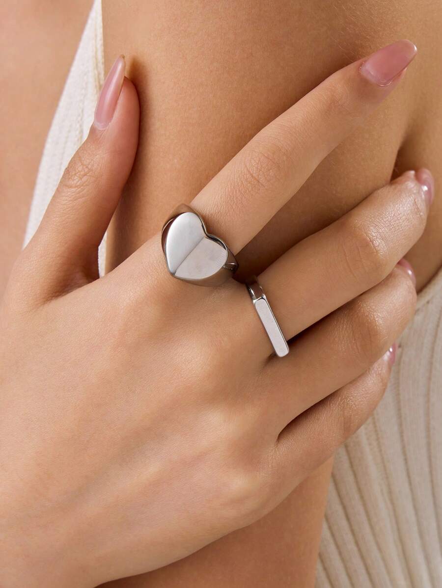 2 piezas Anillos de acero inoxidable con tono dorado, estilo minimalista de moda, juego de anillo con forma de corazón fundido y anillo rectangular liso, adecuado para uso diario o como regalo - Plateado - Ver 1