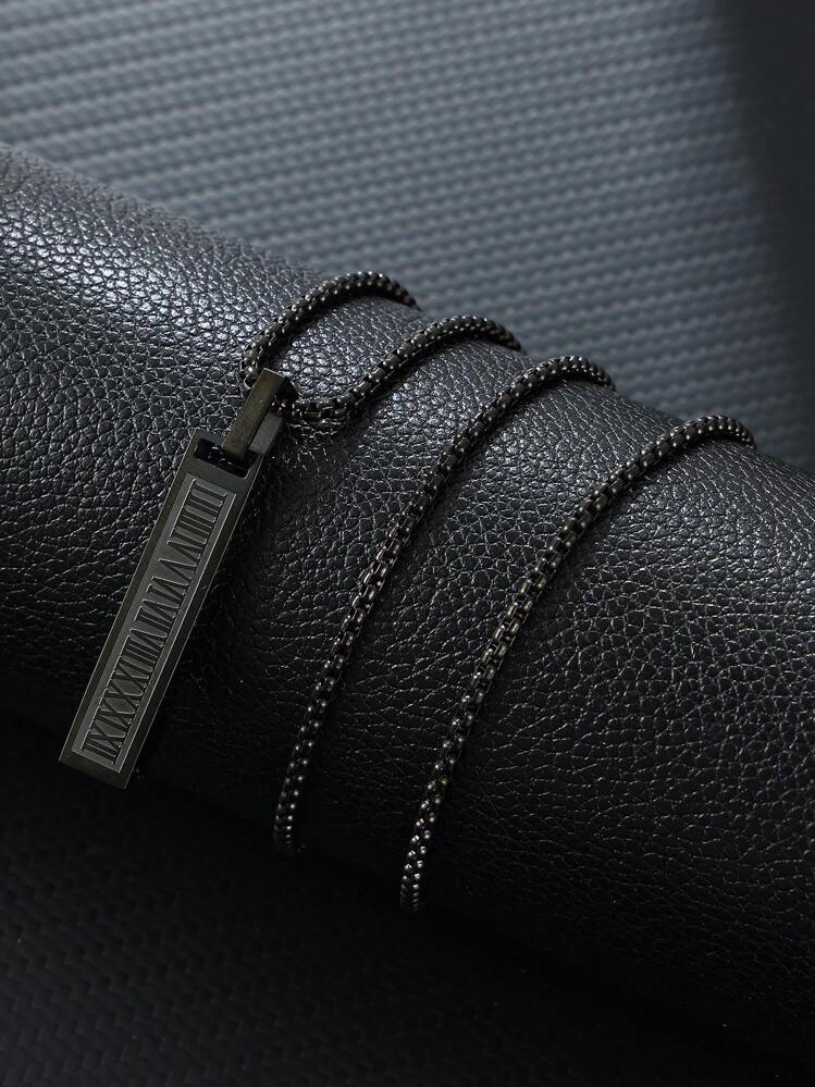 1pc Oblong Oxidized Stainless Steel Roman Numeral Pendant Necklace For Men, Suitable For Daily Wear - Multicolor - View 3