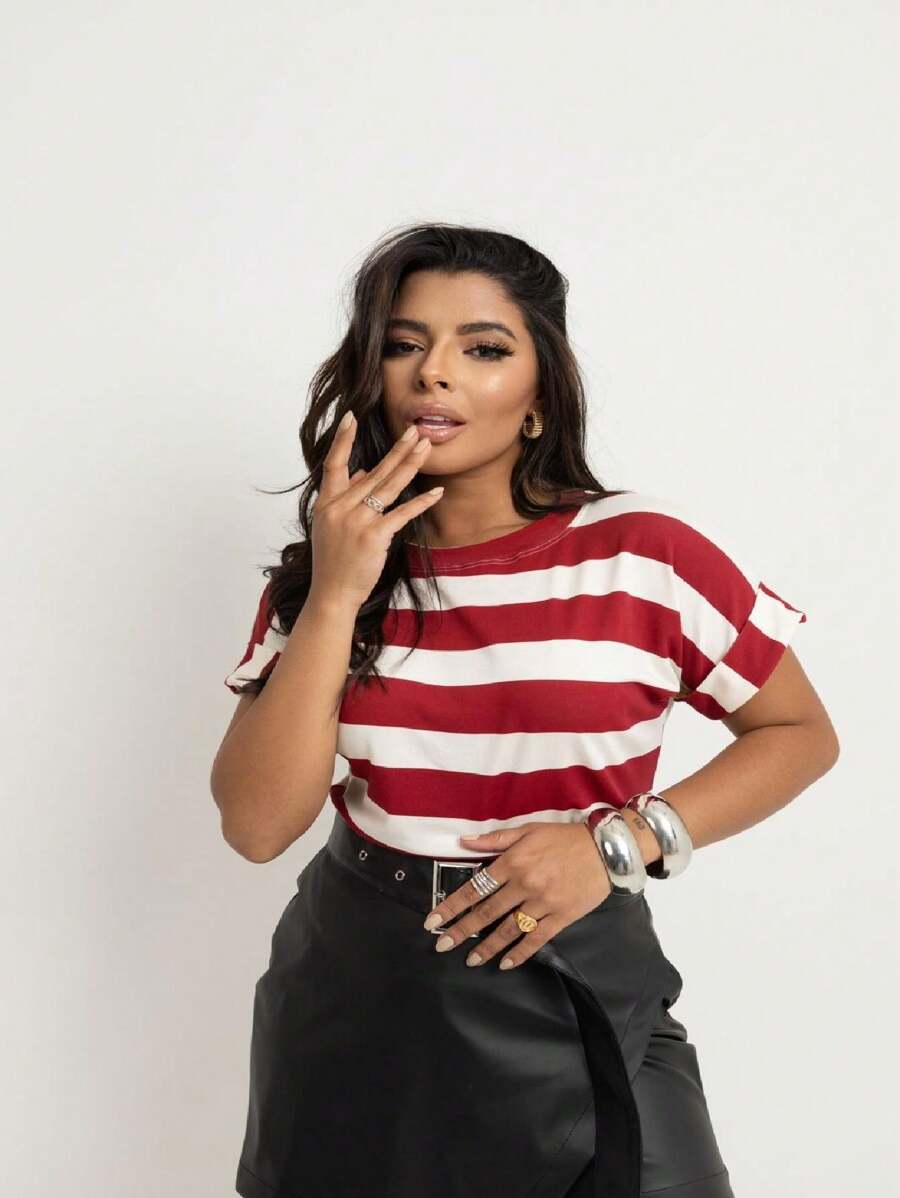 Women's Short Sleeve Striped Round Neck Blouse - Red and White - View 1