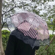 1 件手动粉色蝴蝶图案 PVC 折叠雨伞，适合旅行摄影、通勤、防风防水、摄影道具、艺术、礼物、公主雨伞、男女通用 - 彩色 - 查看 2