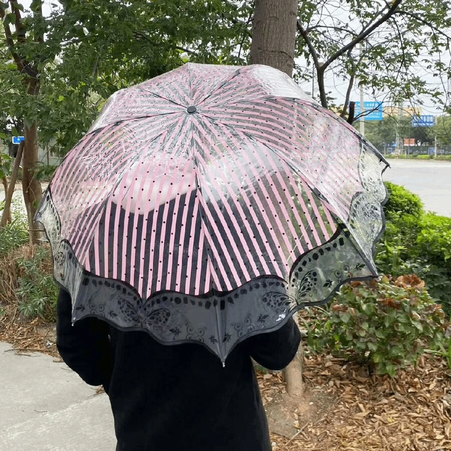 1 件手动粉色蝴蝶图案 PVC 折叠雨伞，适合旅行摄影、通勤、防风防水、摄影道具、艺术、礼物、公主雨伞、男女通用 - 彩色 - 查看 1