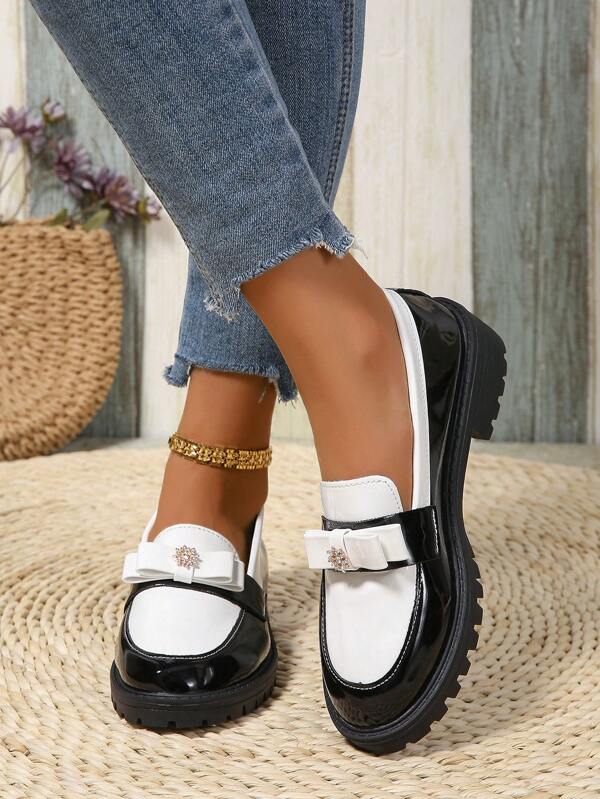 Women's Rhinestone Decor Platform Loafers, Casual Spring/Autumn Black & White Patchwork Pointed Toe Slip-On Comfortable Driving Shoes, Elegant Flats