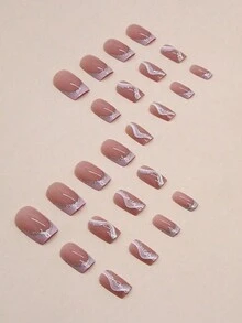 24 件中长款欧式方形粉色和白色条纹美甲贴纸，闪亮粉末贴花，时尚女神美甲，配有 1 个推杆和 1 个果冻凝胶按压指甲