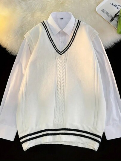 YouYuchen Nouveau gilet tricoté mode grande taille pour hommes, pull à col en V blanc, tricot doux et confortable, polyvalent pour déplacements urbains décontractés, automne/hiver